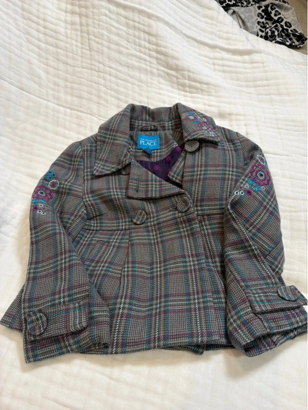 Girls Floral Plaid Embroidered Peacoat 5/6 Y2K